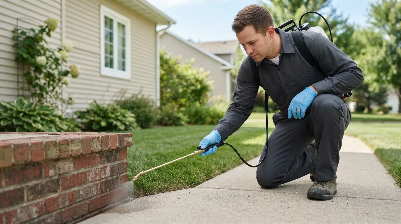 Pest control technician treating a home near North Street, MI